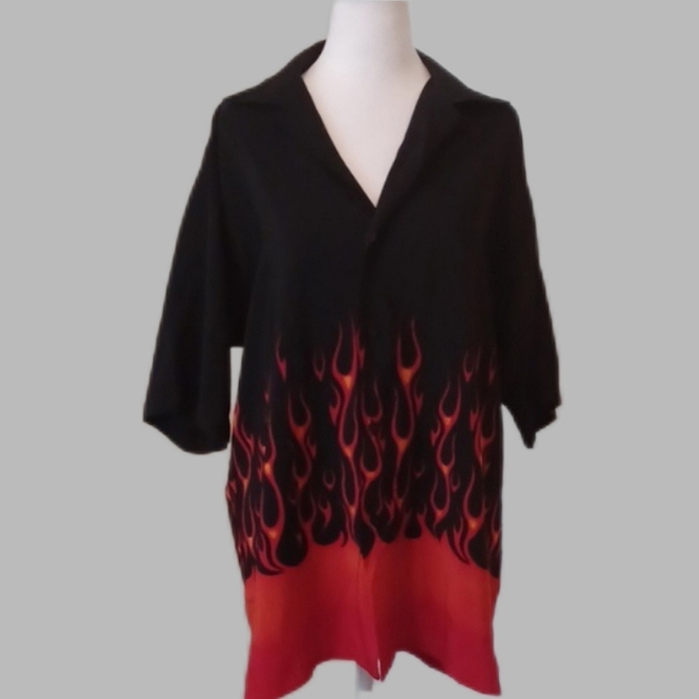 ** Elliott Sport Flame Pattern Black and Red Men's  Button-Down Shirt M Casual